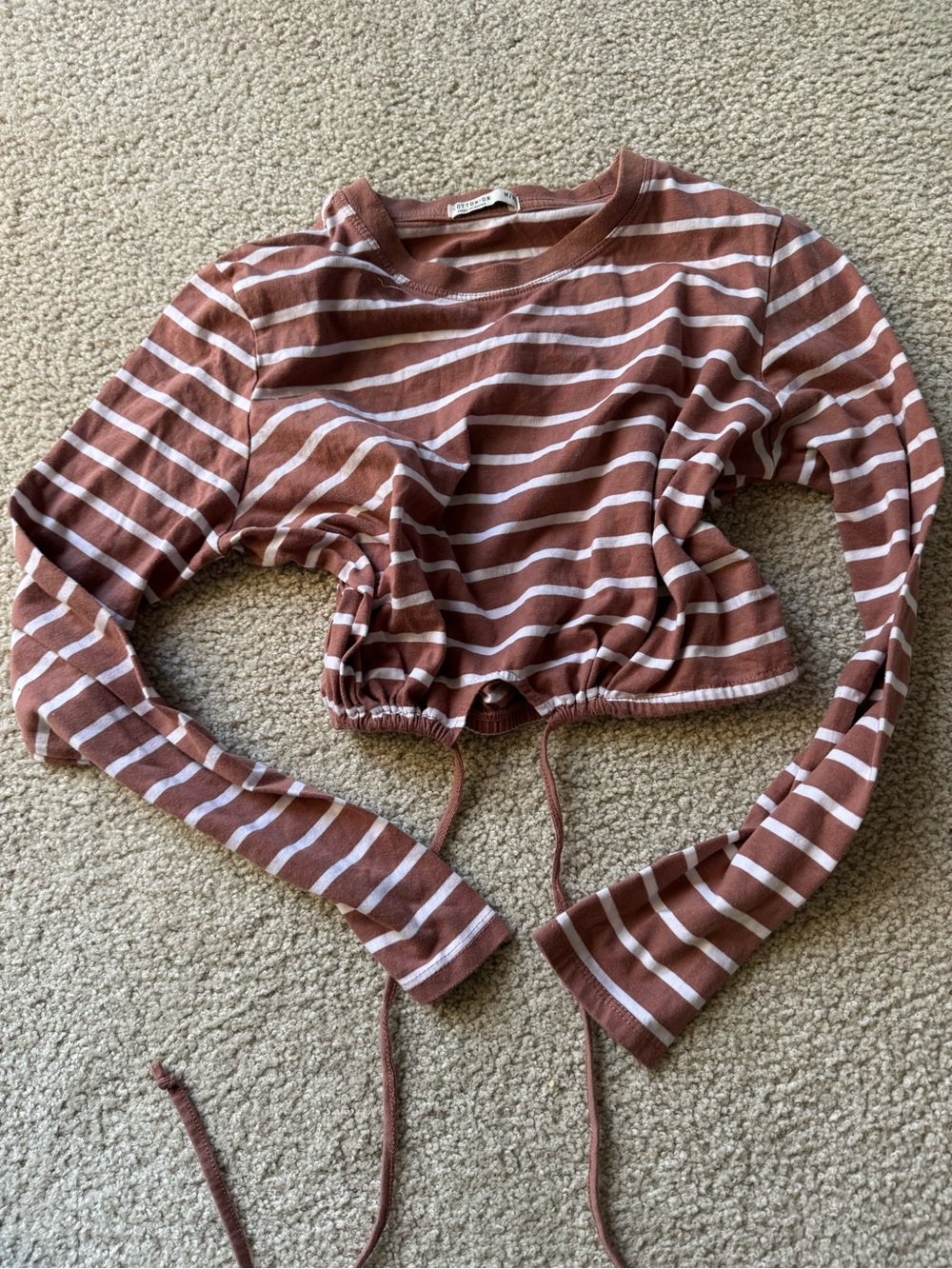 Cotton On Brown & White Striped Cropped Drawstring Long Sleeve Tee